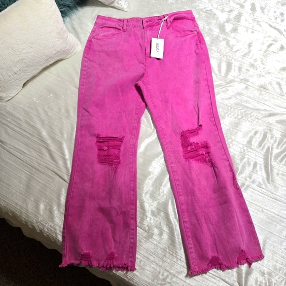 Zenana Denim - Vibrant Pink Distressed Women Jeans Brand New!! Size XL By Zenana